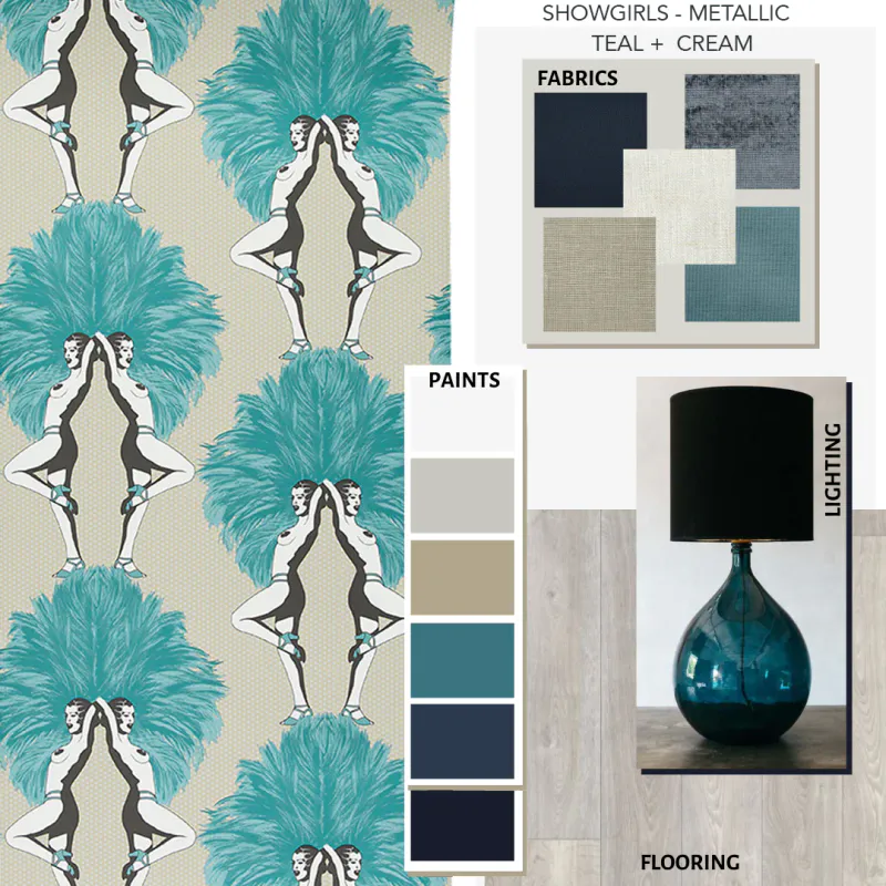 Showgirls tapet metallic teal/blågrønn og cream