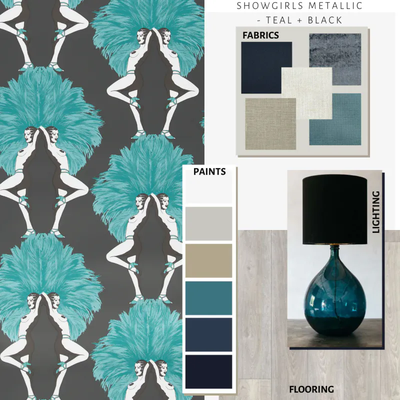 Showgirls tapet metallic teal/blågrønn og sort