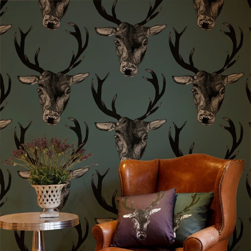 Stag print tapet teal/blågrønn